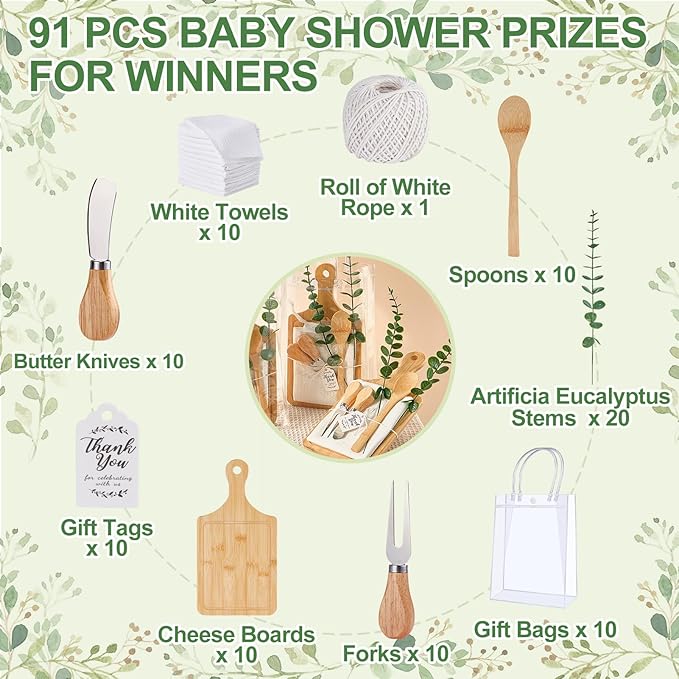 Baby Shower Prizes for Game Winners Bamboo Cheese Board Spoon Fork Butter Spreaders Plaid Towel Thank You Card and Gift Bags for Baby Shower Wedding Bridal Shower Favors (Bamboo, 10 Sets)