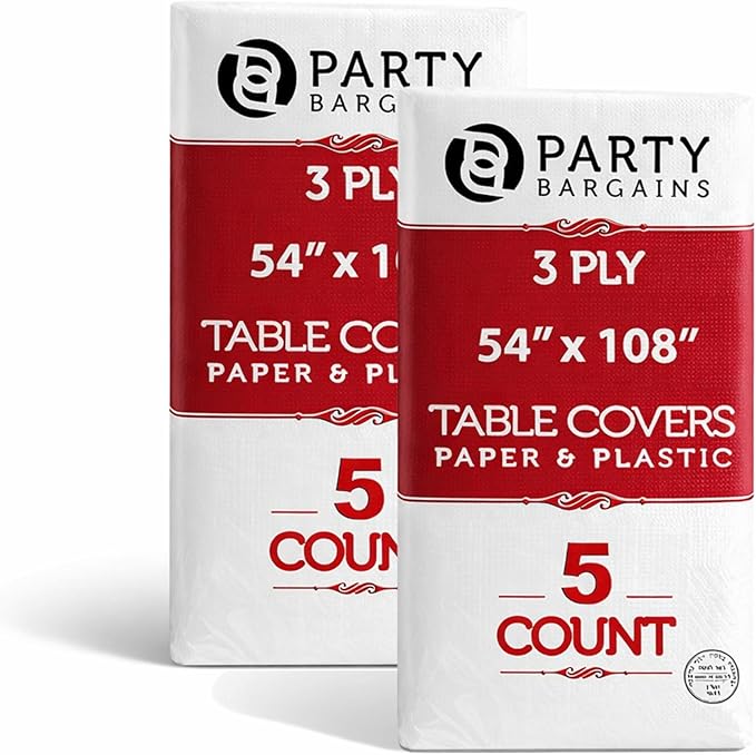PARTY BARGAINS Disposable Table Covers, 54 x 108 Inch, White, 3-Ply Paper & Plastic Spill-Resistant Party Tablecloths, 10 Pack
