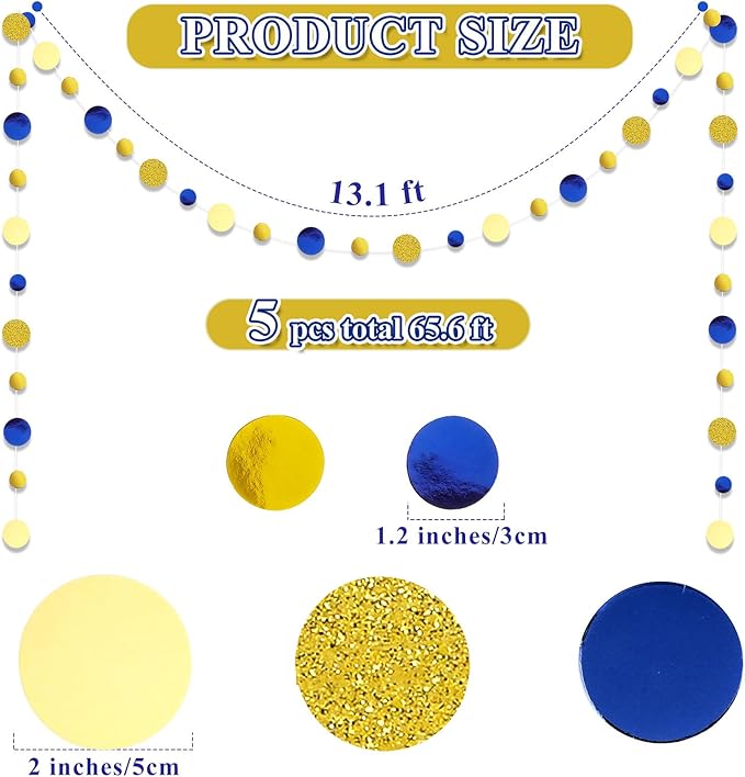 Outus 5 Pieces 13.1 ft Blue Gold Circle Dots Garland Hanging Paper Dot Streamer for 2026 Graduations Birthday Wedding Baby Shower Nautical Pirate Theme Party Decorations Supplies(Blue, Gold)