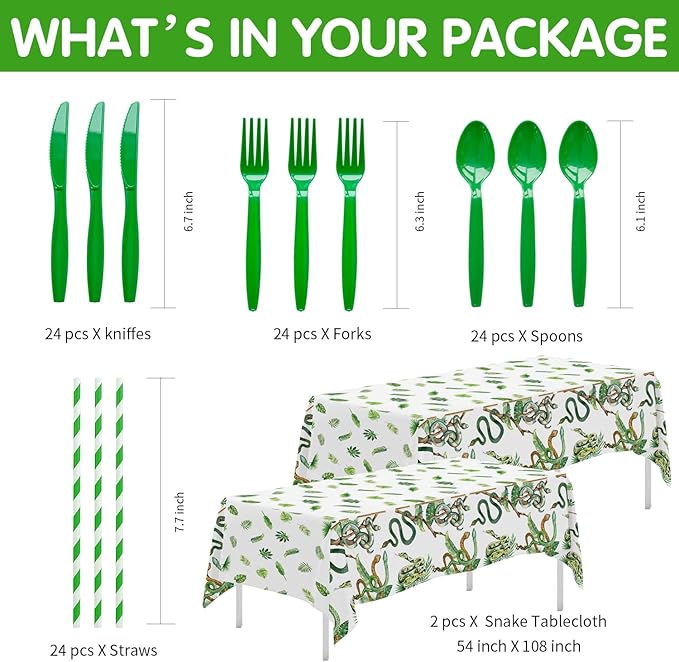 Snake Party Decorations - Reptile Theme Snake Birthday Party Supplies, Paper Plate, Cup, Napkin, Cutlery, Tablecloth, Jungle Swamp Camping Wilderness Snake Theme Party Tableware | Serve 24