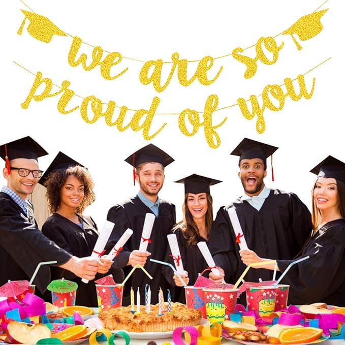 2026 Graduation Banners Party Decorations, Gold Glitter We Are So Proud of You Graduations Banners Garland for Congratulation Graduation Party Supplies, School, Home, Car Decorations