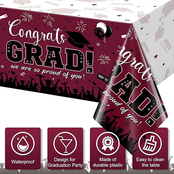 3 Pack Graduation Tablecloth Party Decorations, Class of 2026 Congrats Grad Plastic Tablecover Party Supplies, Maroon Rectangle Graduation Table Decorations for College High School Party, 54 x 108Inch