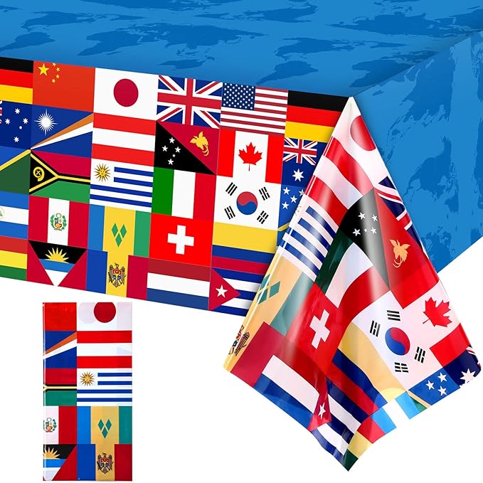 1 Pack International Flag Table Cover Patriotic Table Cloth World Country Flags Plastic Tablecloth for Festival Events Celebration Party Decorations Soccer Sports Beer Party, 108 x 54 Inch
