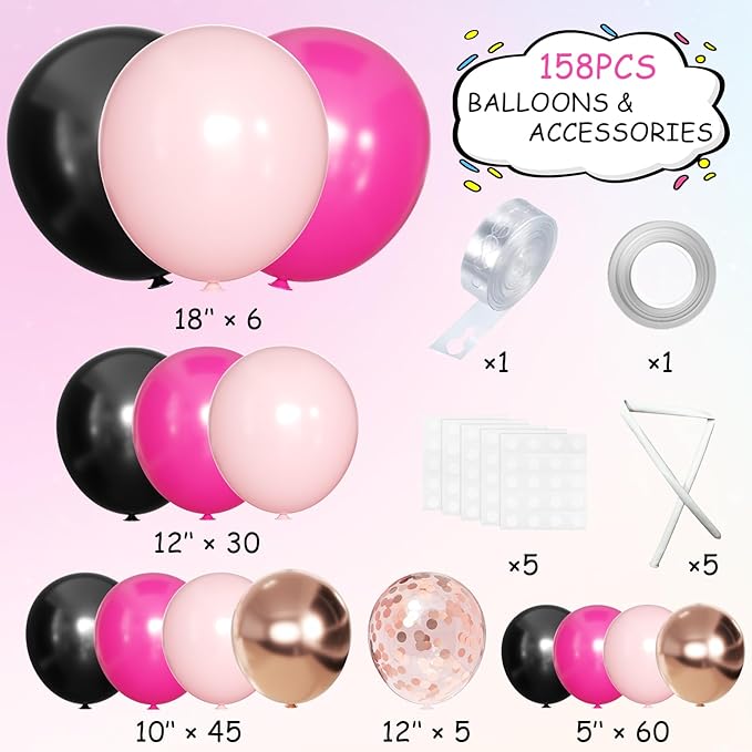 Hot Pink Black Rose Gold Balloon Arch Garland Kit, 146 Pcs Rose Red Tender Pink Black Confetti Rose Gold Balloons for Graduation Birthday Party Baby Shower Wedding Decorations