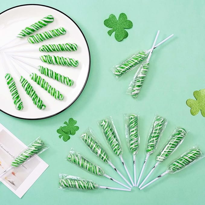 Twisty Lollipop,St. Patrick's Shamrock Twist Lollipops Individually Wrapped Bulk,Green Lollipops Candy for Birthday,Party Bag Fillers,12g Tropical Fruit Flavor 30 Pack