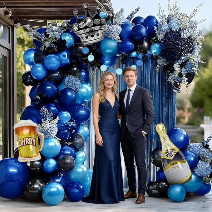 Blue Black Balloon Garland Double Stuffed Dark Royal Navy Blue Balloons Fringe Curtains, Foil Balloons, Birthday Banner Decorations for Men Birthday Baby Shower Father's Day Graduation Party Supplies