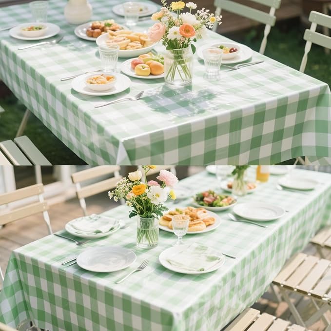 3 Packs Sage Green Checkered Tablecloths 54 x 108 Inch Disposable Plastic Checkered Table Cloth Rectangular Picnic Table Covers for BBQ Carnivals Parties