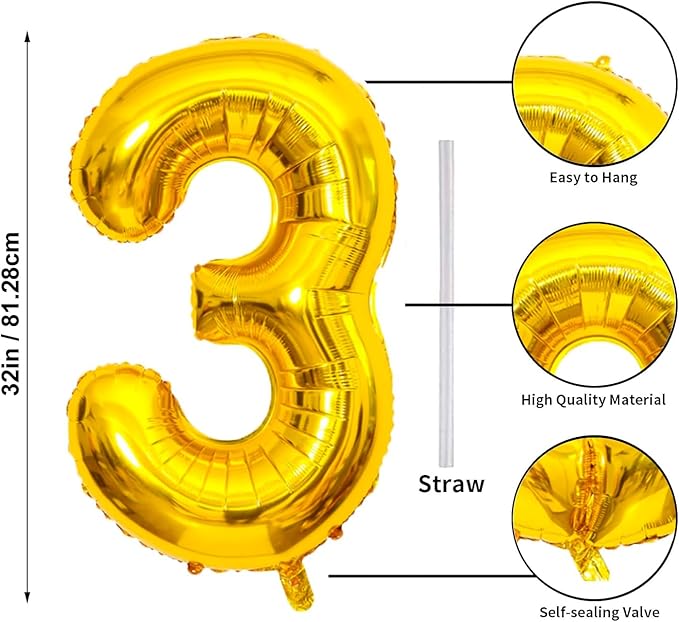 32 In Gold Large Numbers Balloons 0-9, Self Inflating Number 3 Balloons for Boys Girls, Big Gold Digit 3 Balloons for Women Men Birthday Party Anniversary Wedding Supplies Decorations
