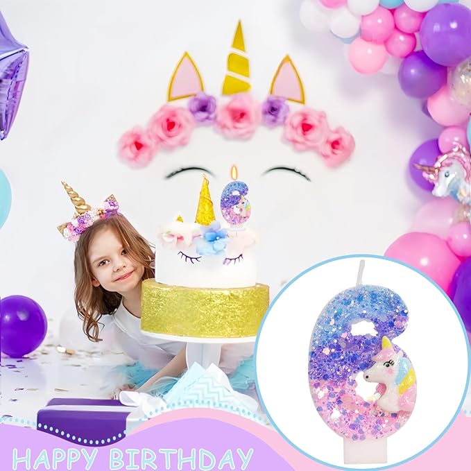Unicorn Candle - Number 6 Candle, 6th Birthday Decorations for Girls, Colorful Sequins Birthday Candles for Cake, Cartoon Unicorn Theme Party Decorations
