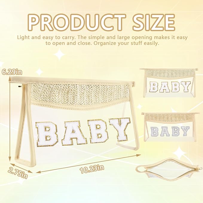 Cute Boho Patch Baby Bag Clear Makeup Letter Bag, Waterproof Zipper Make up Bags Toiletry Pouch for Women Girls, Clear Letter Patch Cosmetic Bags Transparent Organizer Pouch for Travel(Baby, Beige)