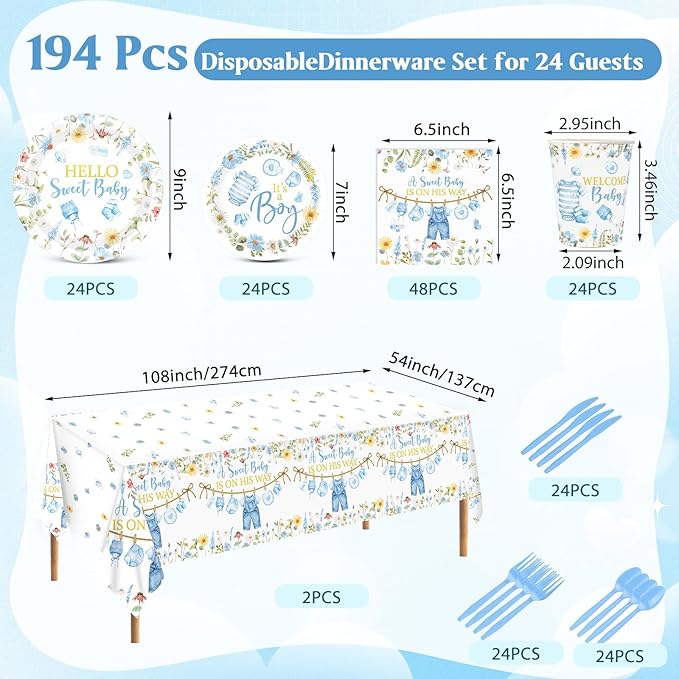 Pickmesh 194 Pcs It's a Boy Sweet Baby Shower Decorations for 24, Spring Blue Floral Baby Shower Paper Plates and Napkins Cups Tablecloth Cutlery for Gender Reveal Party Supplies