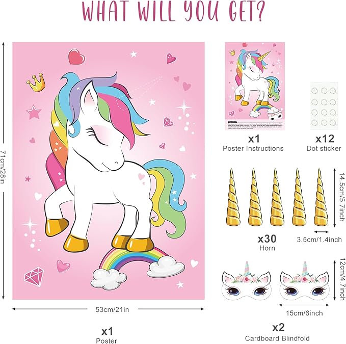 NEBURORA Pin The Horn on The Unicorn Birthday Party Game with 30 Horns for Party Supplies Favors Girls Rainbow Christmas Party Decorations Home Wall Decor