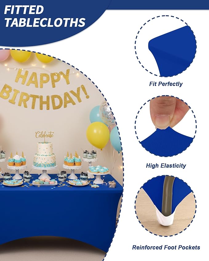 Fixwal 3 Pack Royal Blue Table Cloths Rectangle 8FT, Tablecloths Rectangular Stretch Spandex Fitted Table Covers 8ft for Parties, Trade Shows, Banquet, Weddings, Buffet, Graduation