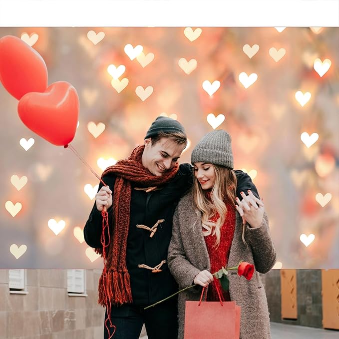 Romantic Anniversary Backdrop Banner 7x5ft Gold Heart Light Decorations for Couples Date Night Wedding Engagement Birthday Party Photo Booth Background (82x59inch)