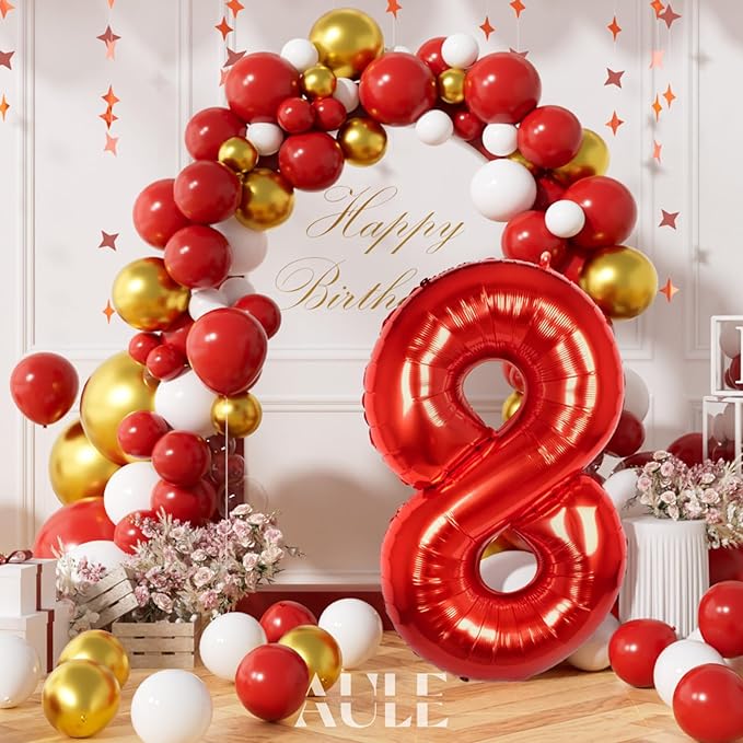 AULE 40 Inch Big Red 8 Balloon Number Large Foil Helium Number Balloons 0-9 Jumbo Giant Happy 8th Birthday Party Decorations for Boy or Girl Huge Mylar Anniversary Party Supplies