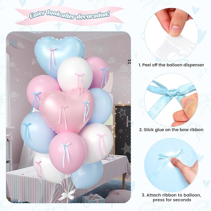 Gender Reveal Balloons, Pink and Blue Heart Balloons 38 Inch Bow Balloon, Baby Blue Light Pink White Balloon for Boys Girls Birthday Wedding Bridal Baby Shower Valentine Gender Reveal Decorations