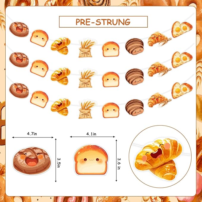 3pcs Bread Party Decorations Garland, Breakfast Bread Party Decorations Bread Hanging Garland Bakery Toast Bread Grain Pre-Strung Garland for Bread Themed Birthday Baby Shower Party Supplies