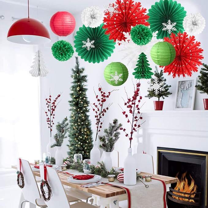 Christmas Party Decorations Indoor Red White and Green Christmas Decorations Hanging Paper Snowflakes Fans Paper Tree for Bridal Shower Baby Shower Birthday Party