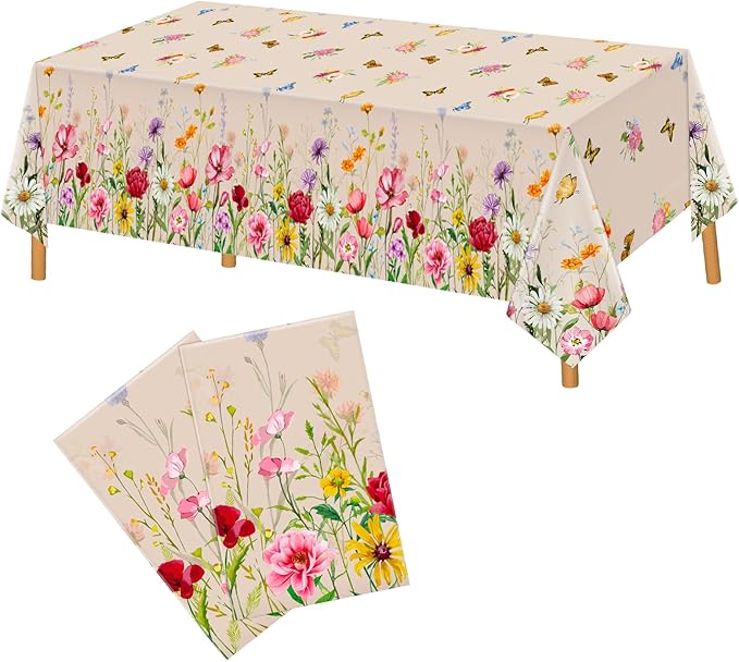 2 Pack Summer Floral Tablecloth Butterfly Wildflower Plastic Disposable Large Rectangular Table Cloth for Summer Picnic Dining Holiday Birthday Wildflower Party Decorations (54 x 108 Inch)