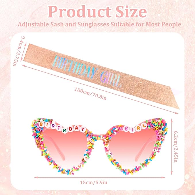 Birthday Girl Sash, Birthday Sash for Girls and Women with Birthdays Glasses Glitter Pink Birth day Decorations for Women Happy Birth day Sash for Birthday Party Supplies
