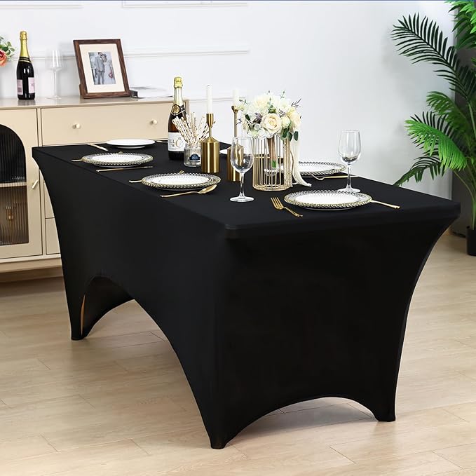 Fixwal 3 Pack Black Table Cloths Rectangle 8FT, Tablecloths Rectangular Stretch Spandex Fitted Table Covers 8 FT for Parties, Trade Shows, Banquet, Weddings, Buffet, Graduation Decorations
