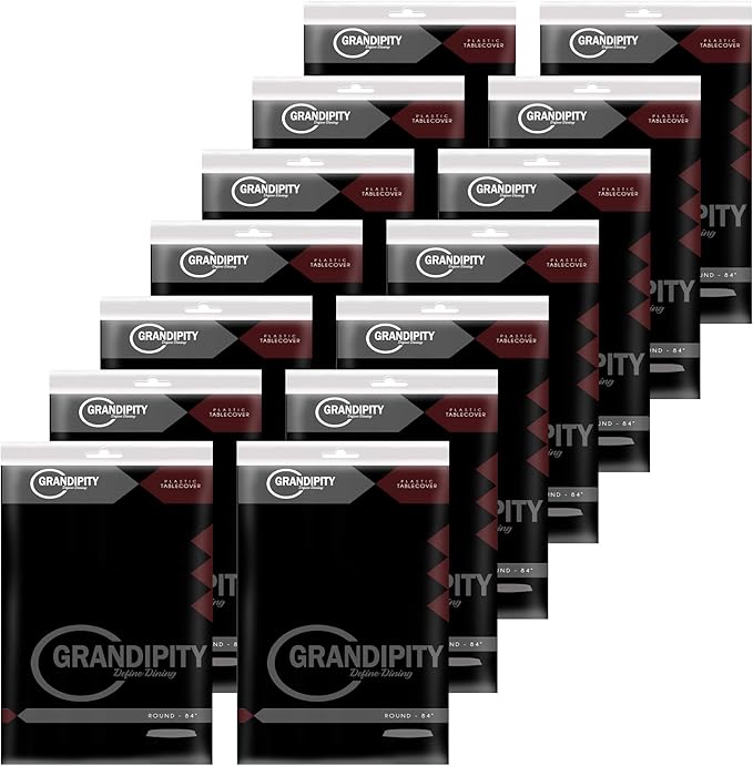 Grandipity 12 Pack Premium Disposable Plastic Tablecloth 84" Inch Decorative Round Table Cover - Black