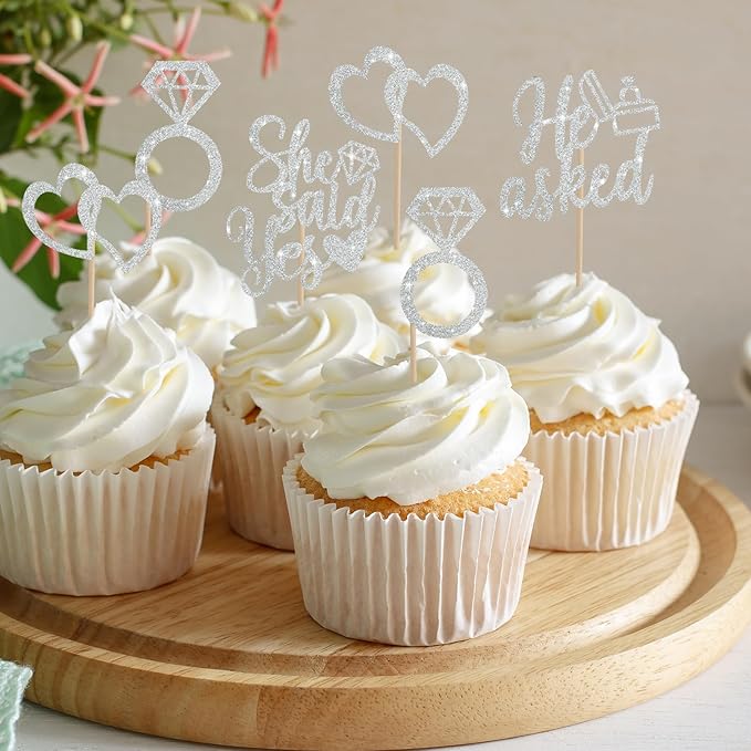 BEISHIDA He Asked She Said Yes Cupcake Toppers, 24 Pcs Engagement Cupcake Toppers Glitter Diamond Ring Heart Cupcake Picks for Wedding Engagement Bridal Shower Party Cake Decorations(Silver)