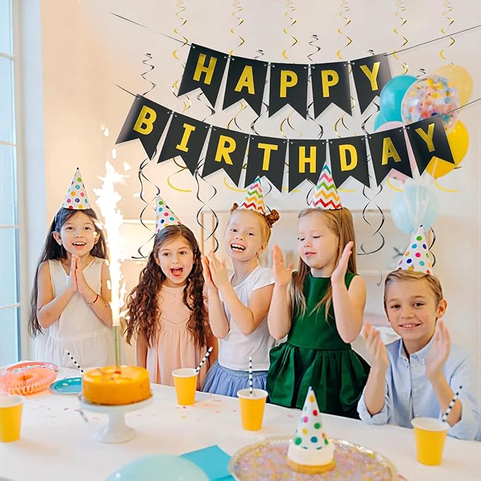 Black Happy Birthday Banner, Birth Decorations with Metallic Hanging Swirl, Sign for Backdrop Party Decor, Bunting Banner for Men Women, Supplies for Boys Girls