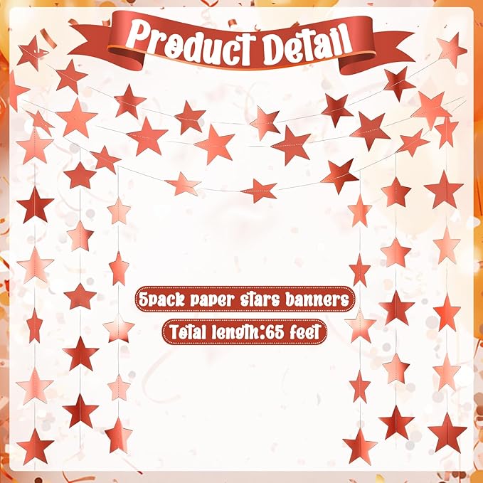 Spakon 65 Feet Glitter Star Paper Garland Banner Hanging Decoration Star Streamers Double Side 2026 Graduation Decorations for Wedding Birthday Festival New Year Party Decoration(Rose Gold)
