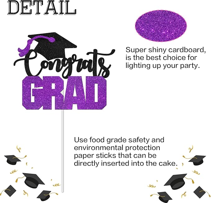 Congrats Grad Cake Topper - High Sohool/College Graduation Party Decoration Supplies - Congratulations Class of 2025 Party Cake Decorations (Purple)
