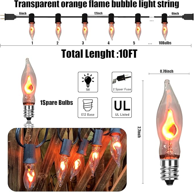 10 FT Flickering Flame Light String, C18 Halloween Decoration Light String, with 10 Clear Flame Bulbs, for Outdoor Indoor Home Halloween Christmas Decorations, E12 Base - Black Wire