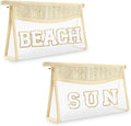 Iqimott 2Pcs Preppy Patch Sun Bag Makeup Letter Bag, Boho Letter Bags for Beach Swim, Waterproof Zipper Make up Bags Toiletry Pouch for Women Girls, Clear Transparent Pouch for Travel(Sun, Beach)