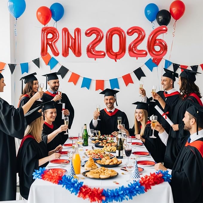 TONIFUL 2026 Nurse Graduation Decorations Red RN 2026 Balloons 16 Inch RN 2026 Banner Class of 2026 Registered Nurse Balloons Decorations 2026 Nursing Graduation Party Supplies