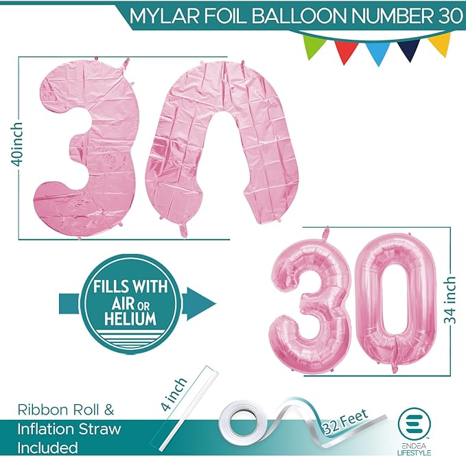 40 Inch Large Pink Number Celebration and Decoration Balloon for Birthday Parties, Graduations, Anniversaries, Weddings, Photo Shoots, Special Events - Helium Foil Mylar (Pink Number 30)