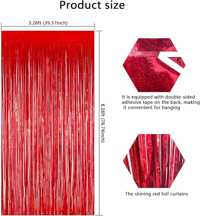 Red Foil Curtains for Birthday Parties, 3.28 x 6.56ft Shiny Metallic Tinsel Backdrop with Fringe | Easy to Hang, Reusable Party Supplies for Home, Stage, Photo Booth