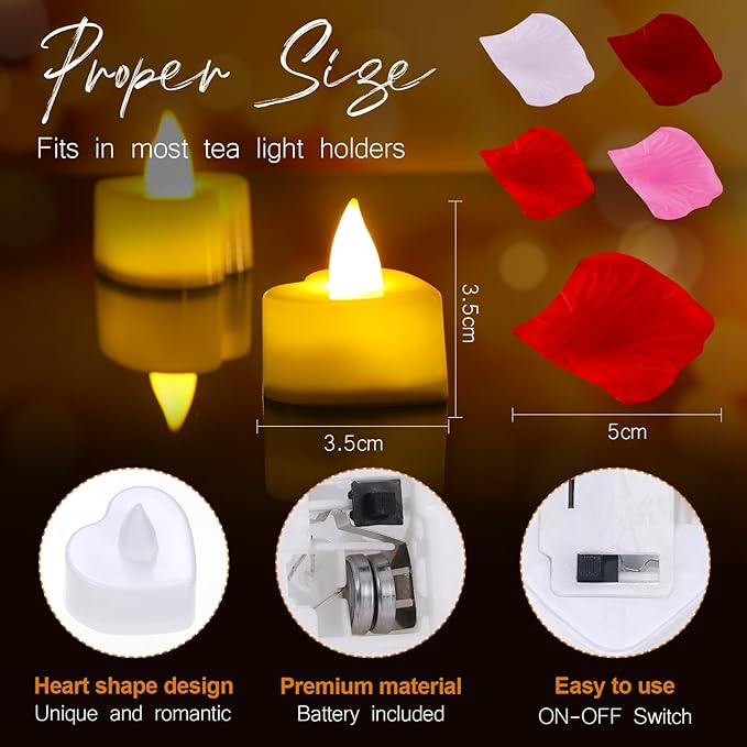 VIHOSE 4000 Pcs Artificial Rose Petals with 24 Pcs LED Tea Lights Candles Flameless LED Candles Fake Rose Petals for Wedding Birthday Party(Yellow Light, Bright Color Petal)