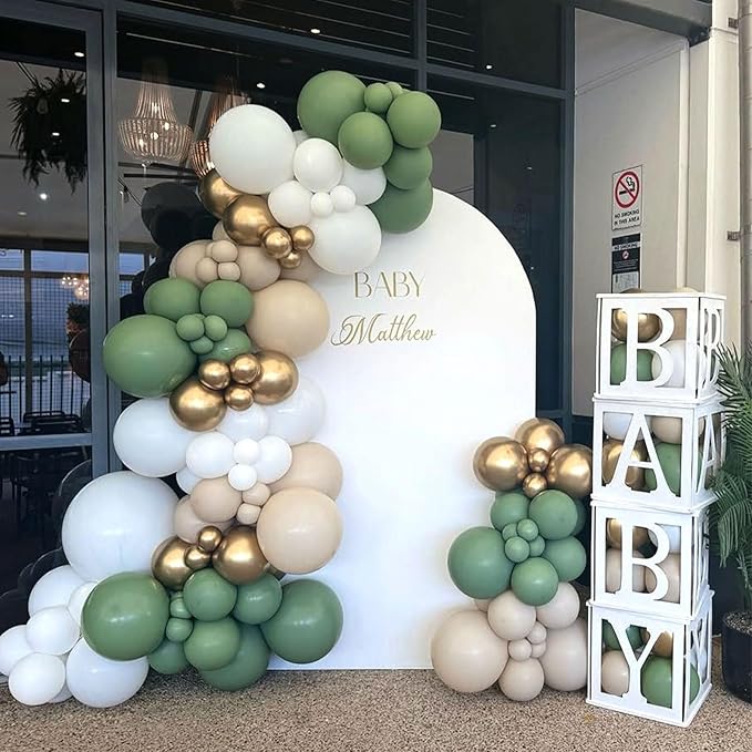 Sage Green White Gold Balloons Garland Arch Kit, 144Pcs 18/12/10/5Inch Sage Green White Metallic Gold and Confetti Latex Balloons for Birthday Baby Shower Engagement Wedding Party Decorations