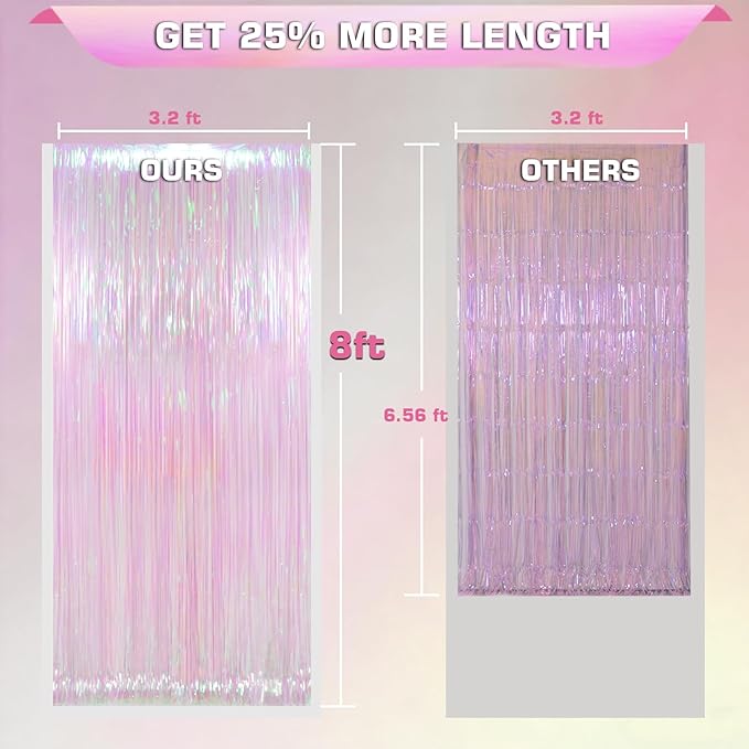Melsan Transparent Backdrop Curtain, 3.28 x 8ft Extra Long Clear Foil Fringe Curtain with Extra Backup Tape, Soft Shimmer Party Decoration for Baby Shower, Candy Theme & Photo Booth, 2 Pack