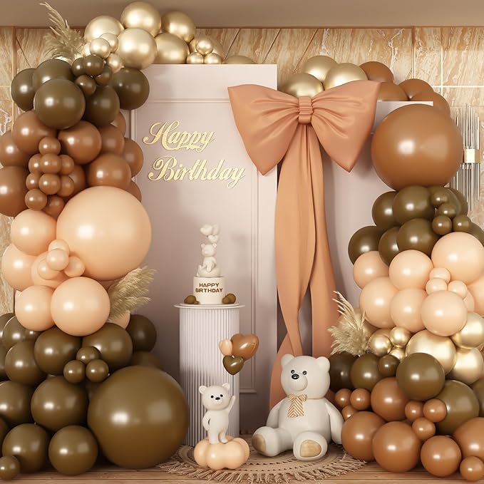 Brown Balloon Garland Arch Kit, Nude Tan Balloon Set with Brown Gold Metallic Balloons, Beige Neutral Coffee Balloons for Teddy Bear Boho Birthday Party Decorations