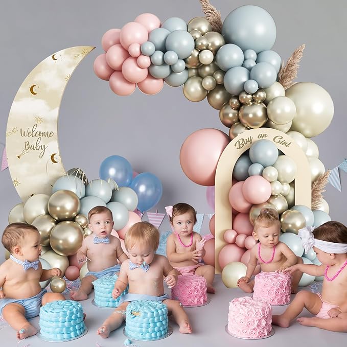 Baby Pink Blue Gender Reveal Balloon Garland Arch Kit, 120pcs Dusty Blue Pink Cream and Pastel Gold Balloons for Boho Neutral Oh Baby Shower Birthday Decor Gender Reveal Party Decorations Supplies