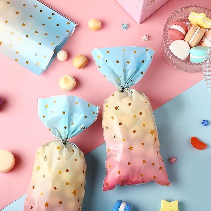 Pajean 100 Pcs Pastel Cellophane Bags Rainbow Party Favors Bag Star Dot Treat Goodie Candy Plastic Gift Pink Blue Tie Dye Wrapping Clear Cello for Baby Shower Birthday Decoration Supplies