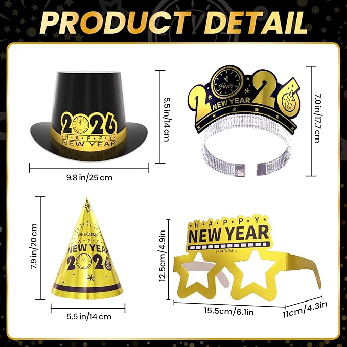 New Years Eve Party Supplies 2026 for 90 Guests, Happy New Years Decorations Party Favors Includes Top Hats, Tiaras, Glasses Accessories for Adults Kids Nye Decorations 2026
