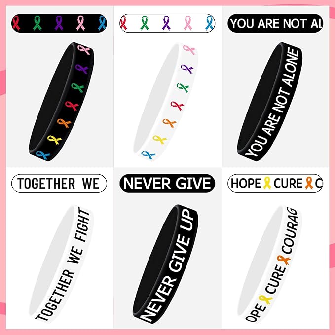 JUNEBRUSHS 42pcs Cancer Awareness Silicone Wristband Bulk All Prevention Ribbon Inspirational Rubber Bracelets for Cancer Fighters Favor Dress-Up Supplies