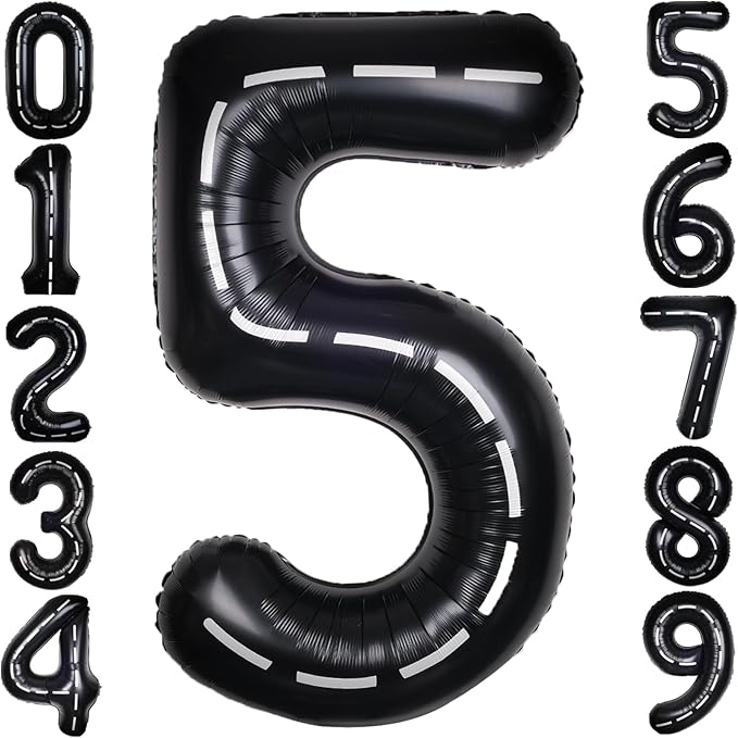Race Car 40Inch Black 5 Balloon Number Large Helium Race Track 0-9 Giant Digital 5th Foil Mylar Big Party Number Balloons for Boy Birthday Car Theme Party Anniversary Graduation Decorations