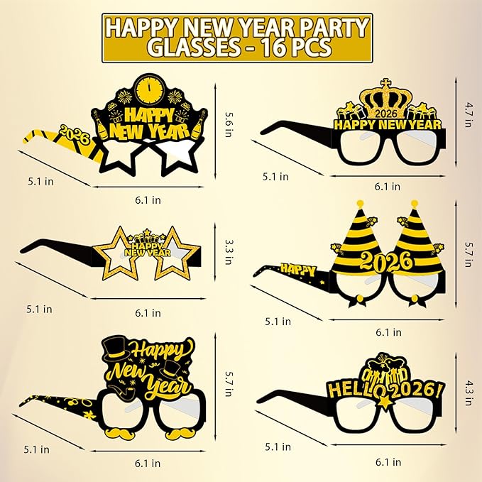 16PCS Happy New Year Glasses, New Year Paper Eyeglasses Photo Booth Props for 2026 New Year's Eve Party Supplies Decorations