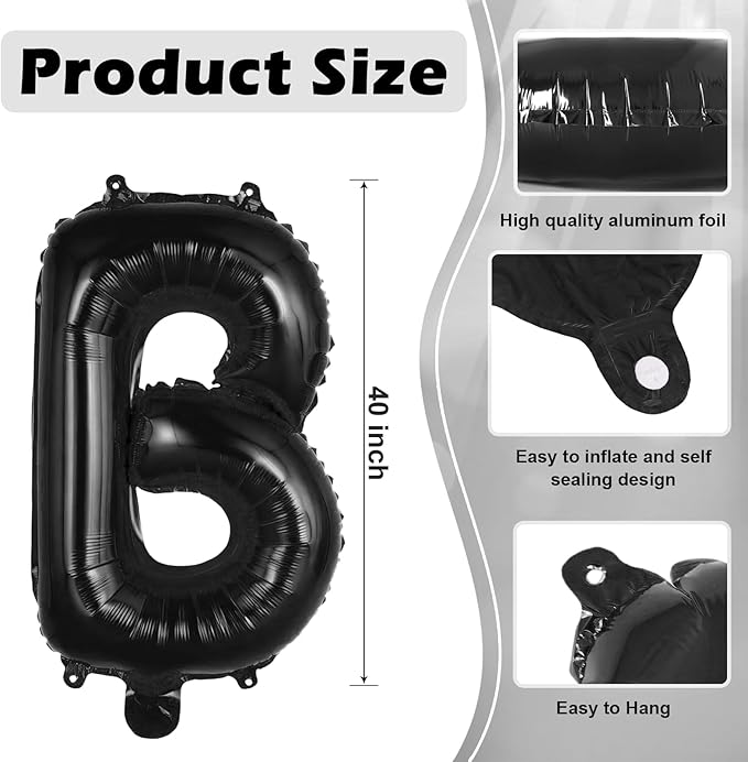 Black Letter B Balloons, 40 Inch Large Foil Letter Balloons, Custom Phrase Balloon for Birthday Party Wedding Anniversary Decoration (Black B)