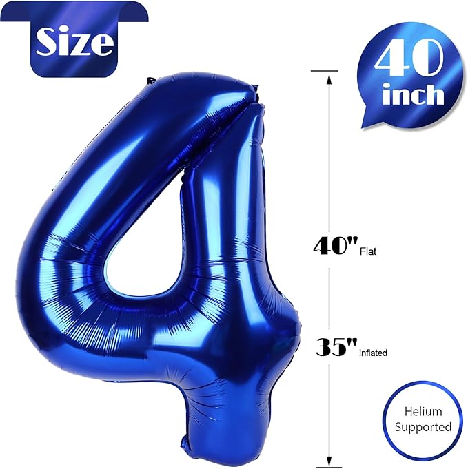 Night Blue Number 4 Balloon 40 Inch, 4 Balloon Number, 4th Birthday Decorations, Night Blue Party Supplies for Boys Girls