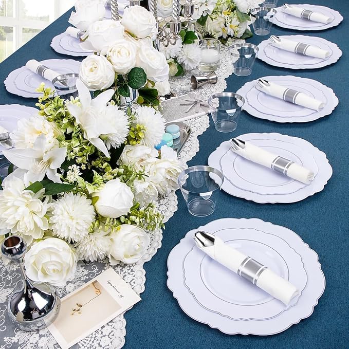 Liacere 350PCS Silver Plastic Plates-Disposable White and Silver Plates 50guest Baroque Plastic Dinnerware Set include 100Plates, 50Pack Pre Rolled Napkins with Silverware 50Cups Perfect for Christmas