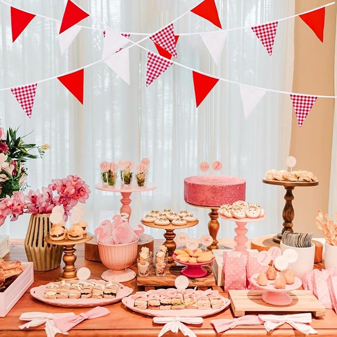 32 Ft Red Plaid Checkered White Pennant Banner Flags Triangle Bunting Garland for Carnival Red Party Decorations for Christmas Wedding Birthday Picnic Outdoor Family Holiday Celebrations