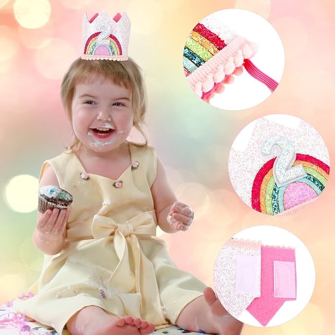 2nd Birthday Crown Princess Tiara, Rainbow Hat Headband - Birthday Gift Decorations and Accessories for Two Year Old Girl's Party